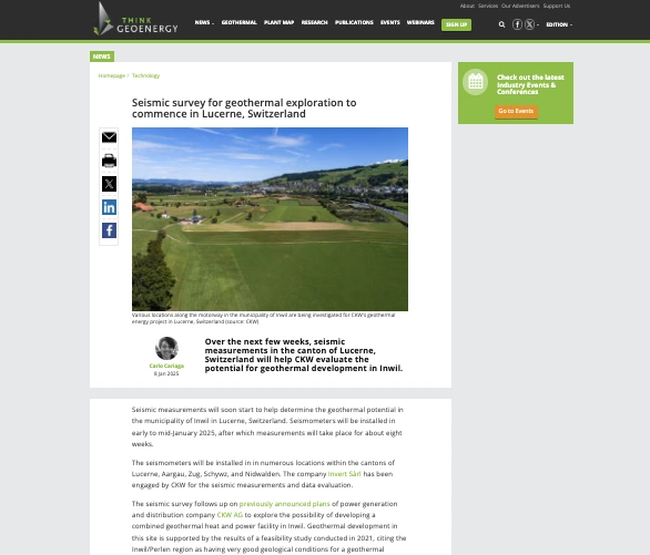 ThinkGeoEnergy article covering Invert's seismic survey in Switzerland